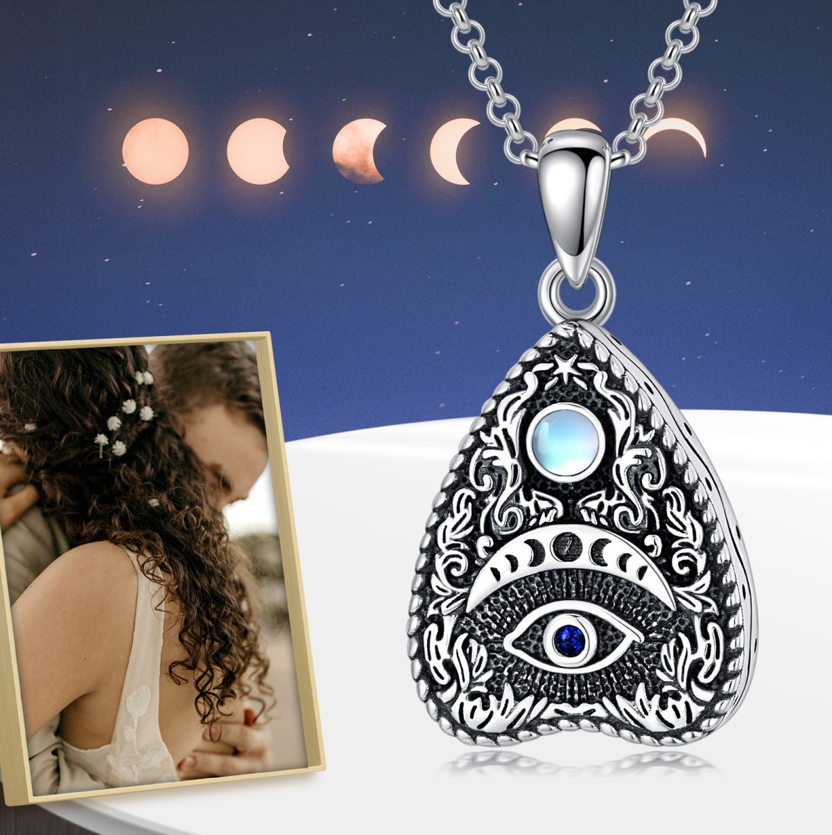 Sterling Silver with Black Rhodium Circular Shaped Moonstone Evil Eye Urn Necklace for Ashes-6
