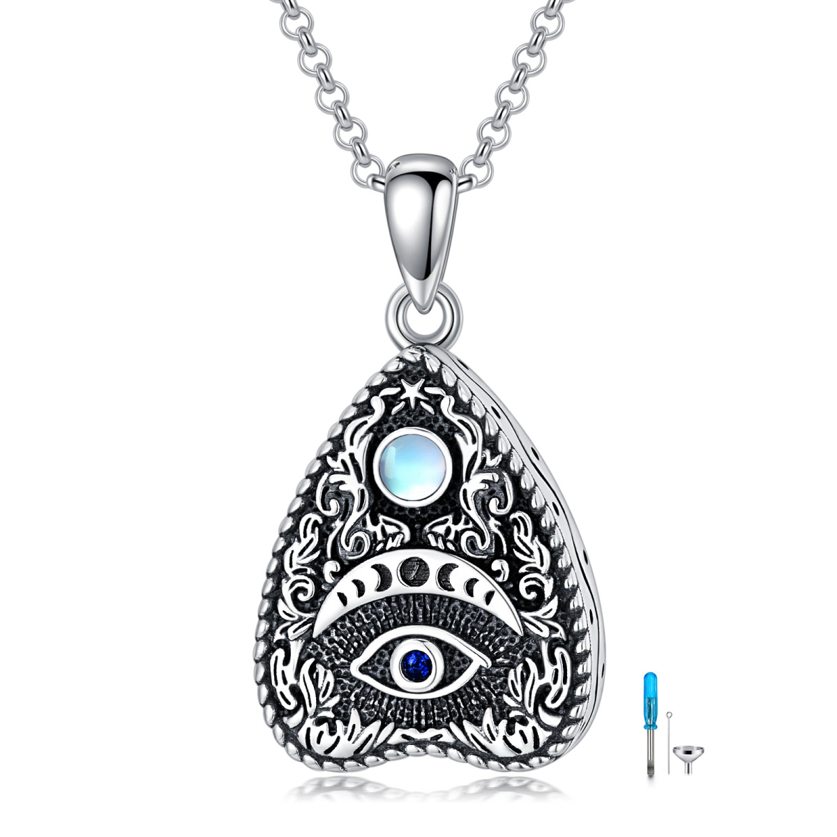 Sterling Silver with Black Rhodium Circular Shaped Moonstone Evil Eye Urn Necklace for Ashes-1