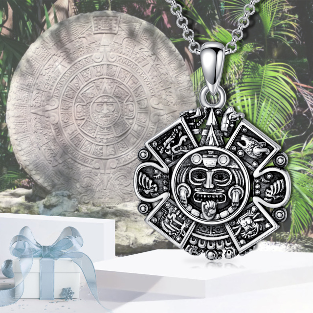 Sterling Silver Aztec Calendar Pendant Necklace-2