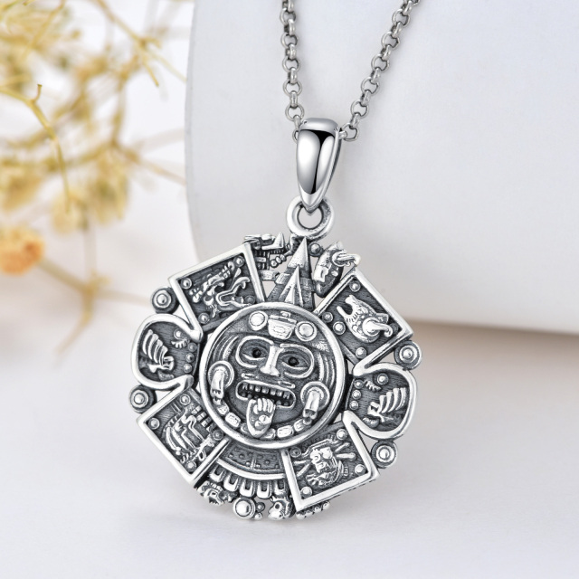 Sterling Silber Azteken-Kalender-Anhänger Halskette-3