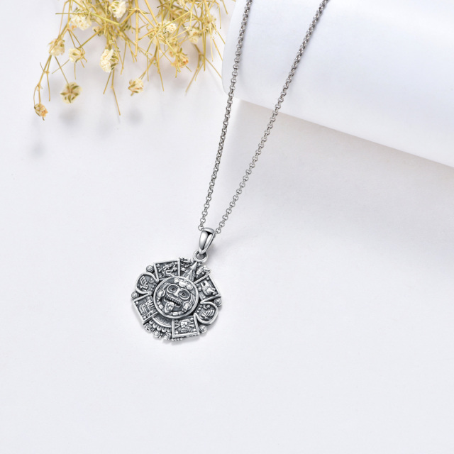 Sterling Silver Aztec Calendar Pendant Necklace-4