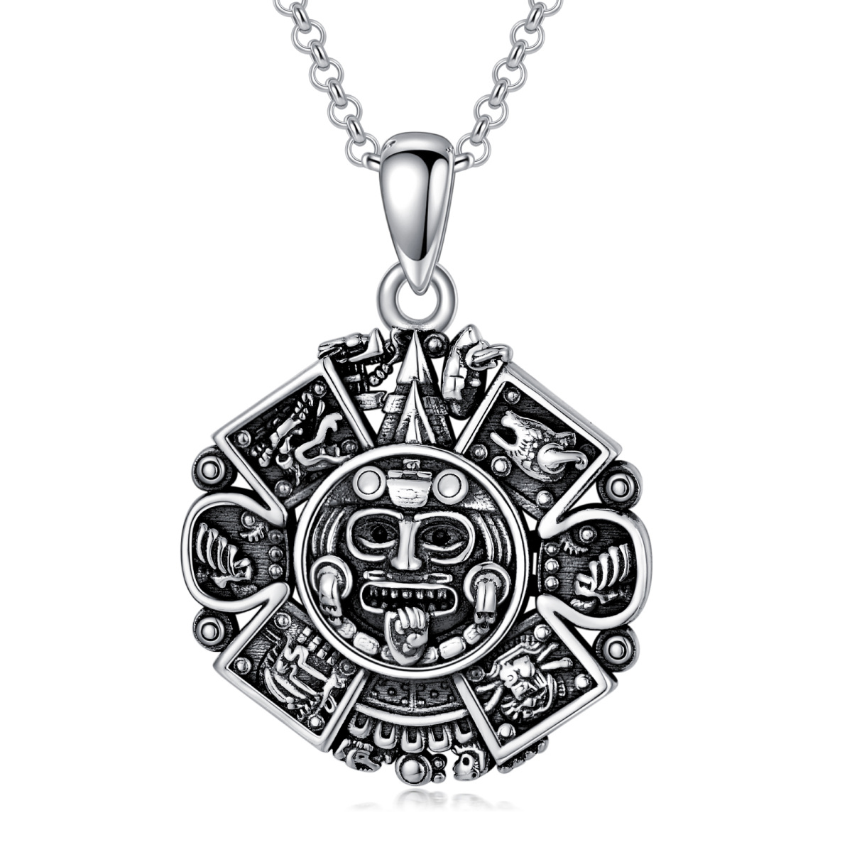 Sterling Silver Aztec Calendar Pendant Necklace-1