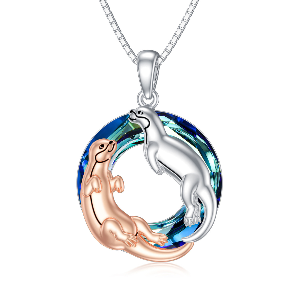 Sterling Silver Two-tone Circular Shaped Otter Crystal Pendant Necklace-1
