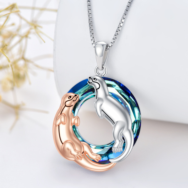 Sterling Silver Two-tone Circular Shaped Otter Crystal Pendant Necklace-2