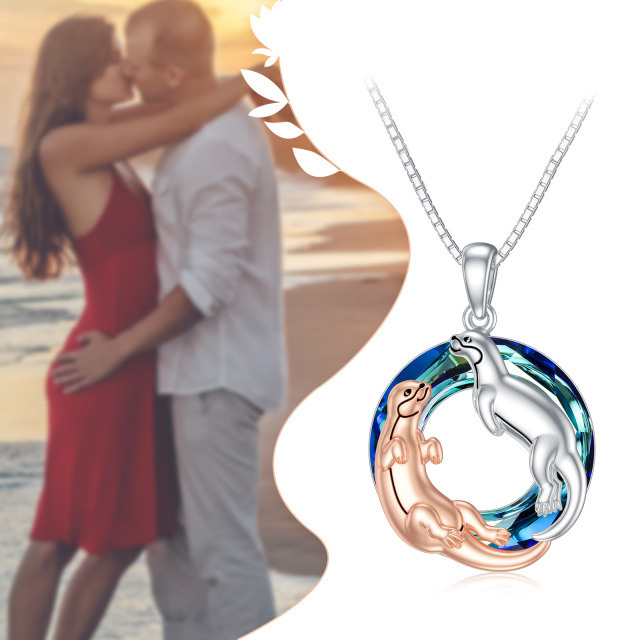 Sterling Silver Two-tone Circular Shaped Otter Crystal Pendant Necklace-4