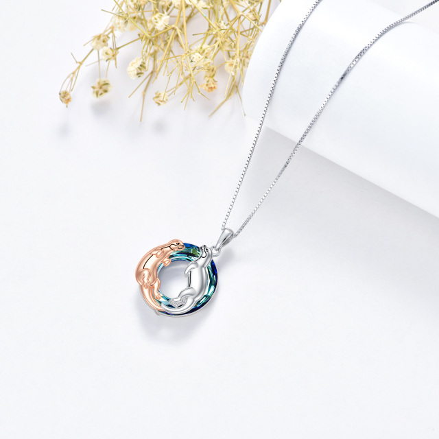 Sterling Silver Two-tone Circular Shaped Otter Crystal Pendant Necklace-3