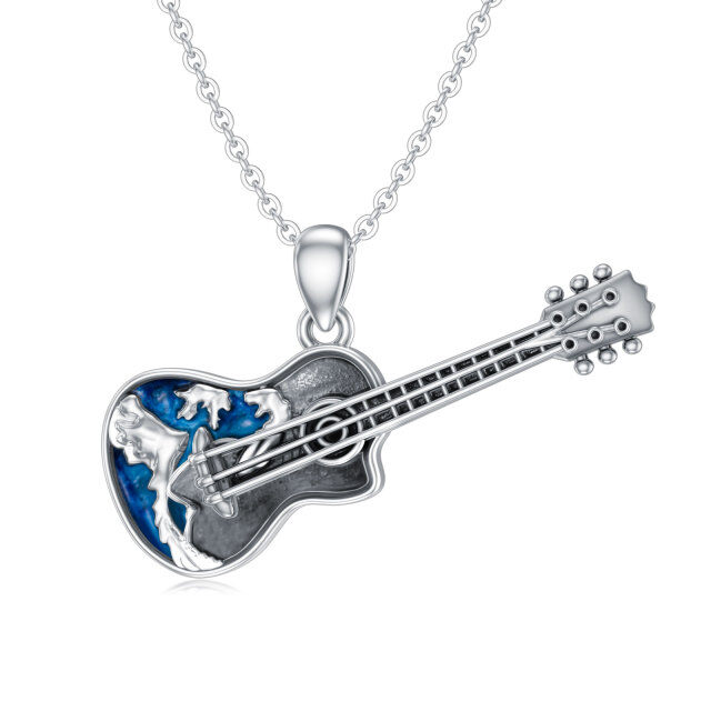 Sterling Silver Guitar Ocean Wave Pendant Necklace-0