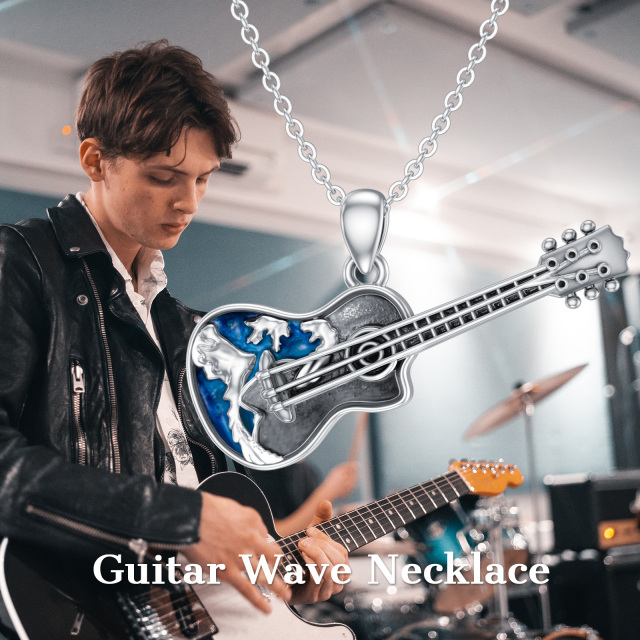 Sterling Silver Guitar Ocean Wave Pendant Necklace-4