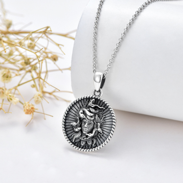 Sterling Silver with Black Rhodium Color Medusa Coin Pendant Necklace-3