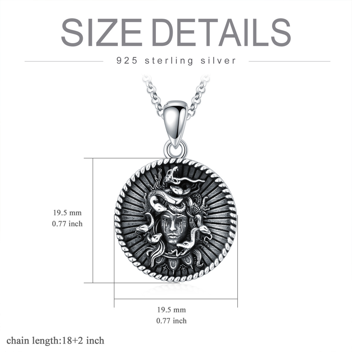 Sterling Silver with Black Rhodium Color Medusa Coin Pendant Necklace-6