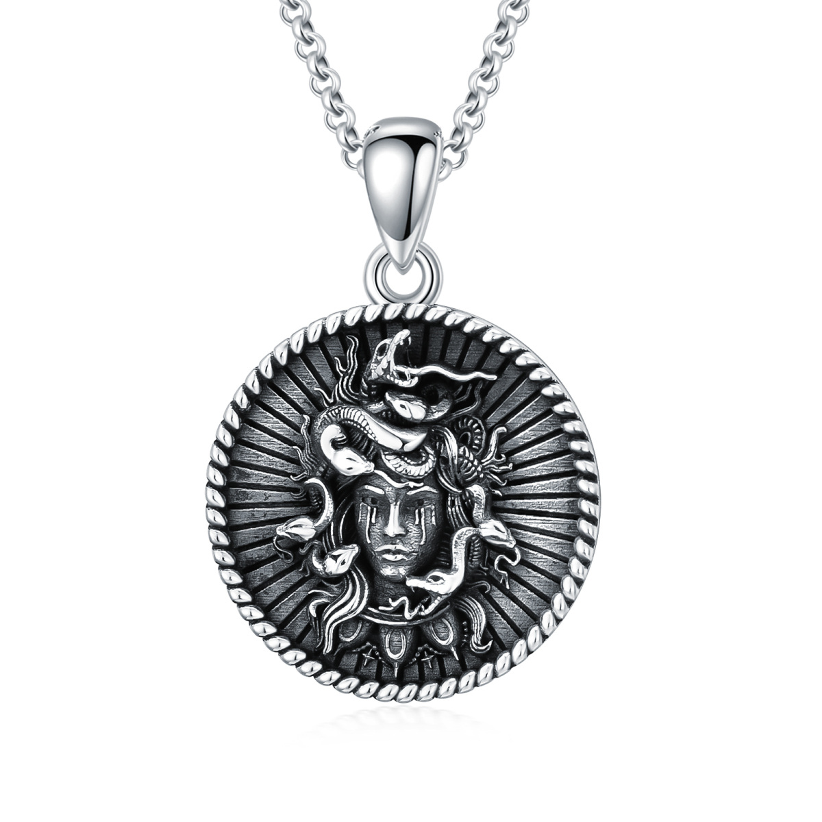 Sterling Silver with Black Rhodium Color Medusa Coin Pendant Necklace-1