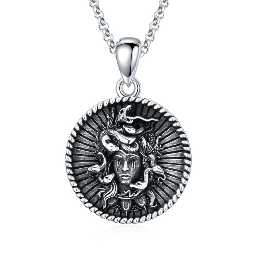 Sterling Silver with Black Rhodium Color Medusa Coin Pendant Necklace