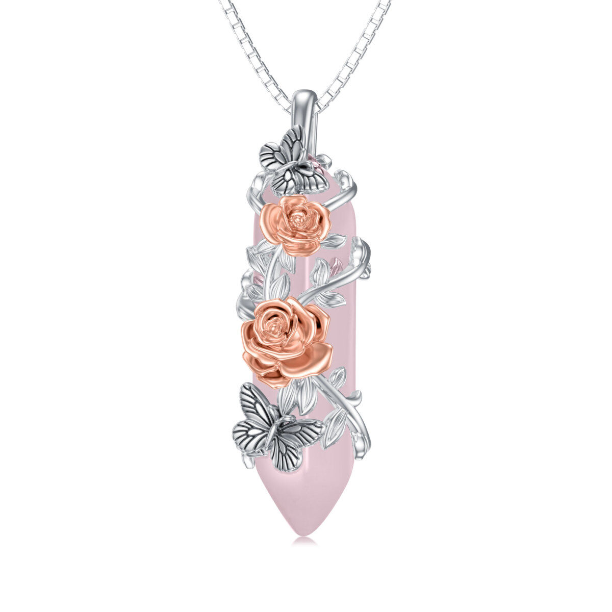 Sterling Silver Two-tone Crystal Butterfly & Rose Pendant Necklace-1