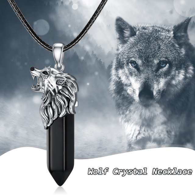 Sterling Silver Wolf Crystal Pendant Necklace-5