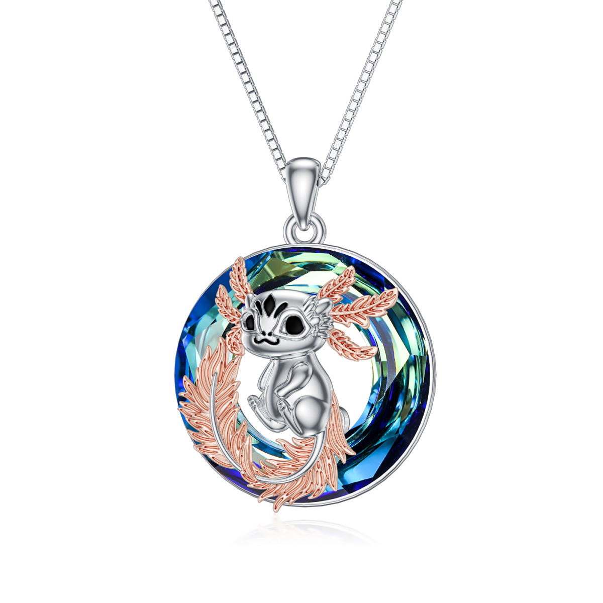 Sterling Silver Two-tone Round Axolotl Crystal Pendant Necklace-1