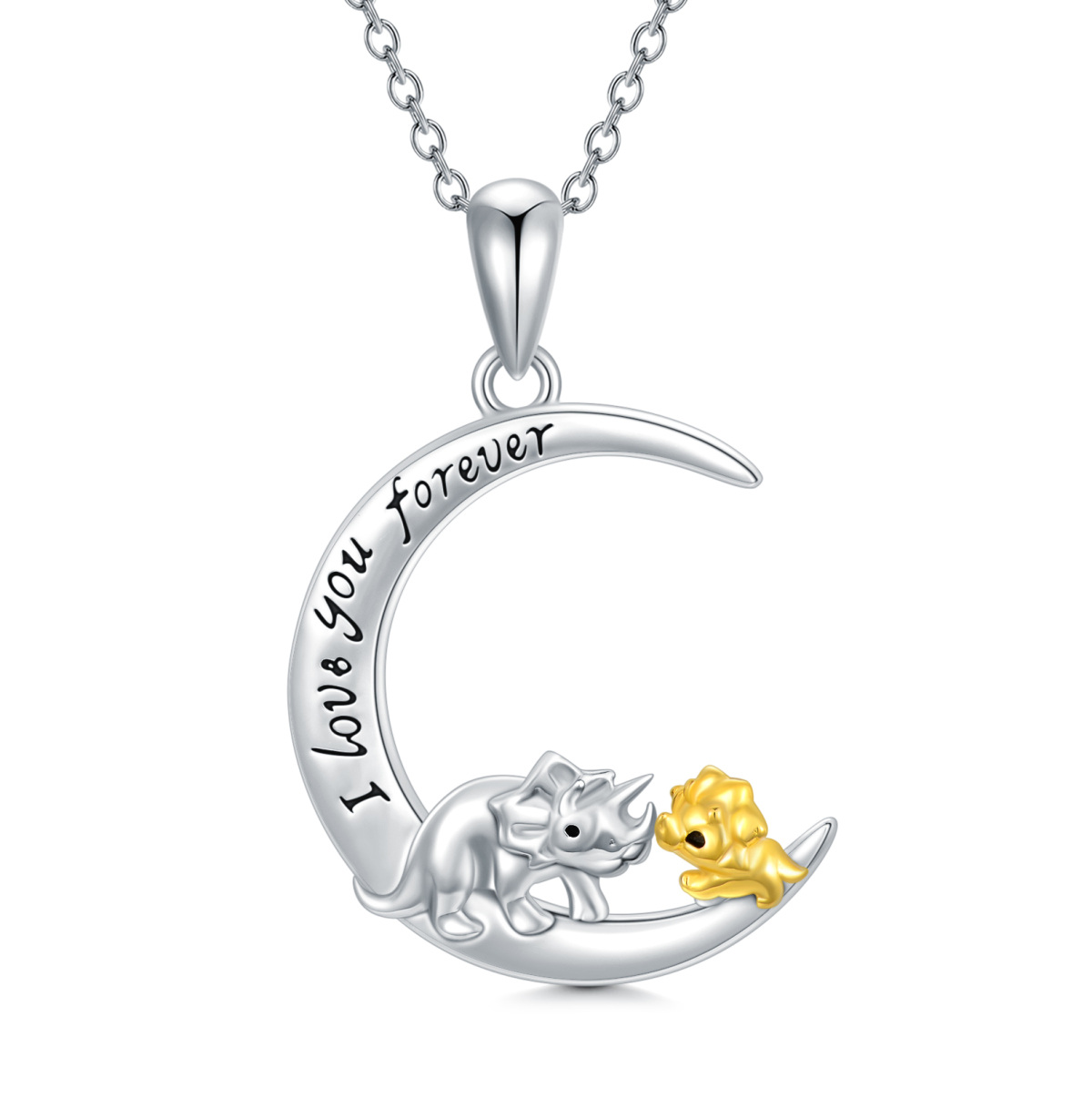 Collier pendentif lune dinosaure bicolore en argent sterling avec mot gravé-1