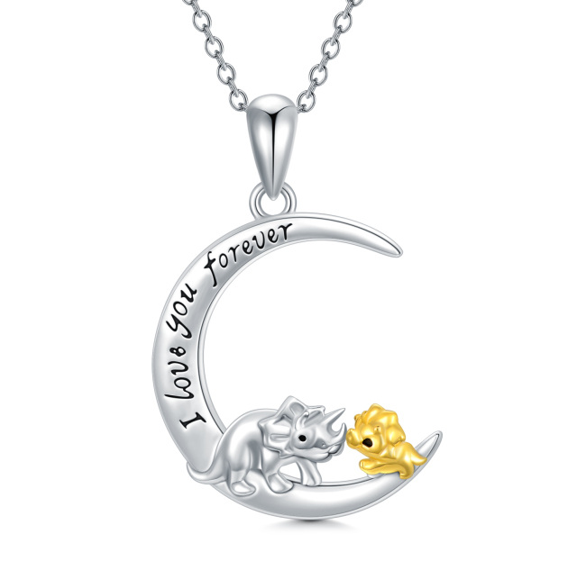 Sterling Silver Two-tone Dinosaur & Moon Pendant Necklace with Engraved Word-0