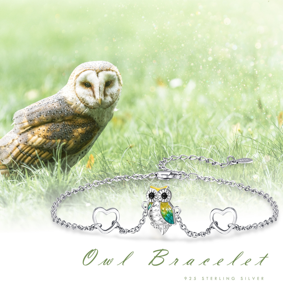 Sterling Silver Circular Shaped Cubic Zirconia Owl & Heart Pendant Bracelet-7
