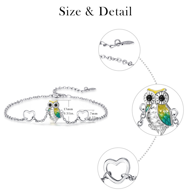 Sterling Silver Circular Shaped Cubic Zirconia Owl & Heart Pendant Bracelet-4