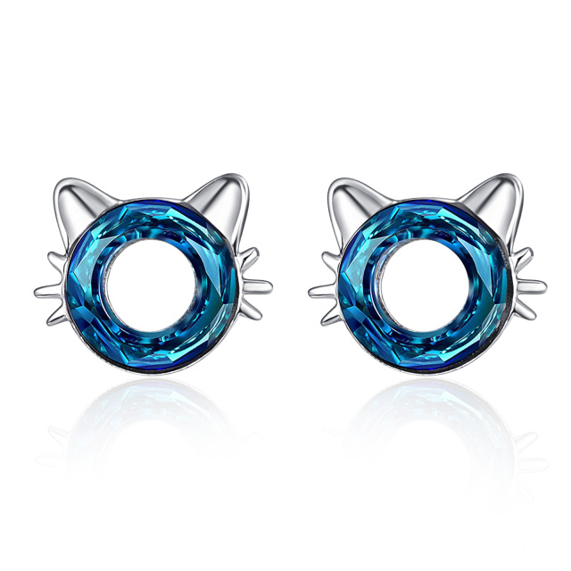 Boucles d'oreilles chat pour femme en argent sterling 925 avec cristal hypoallergénique mignon-0