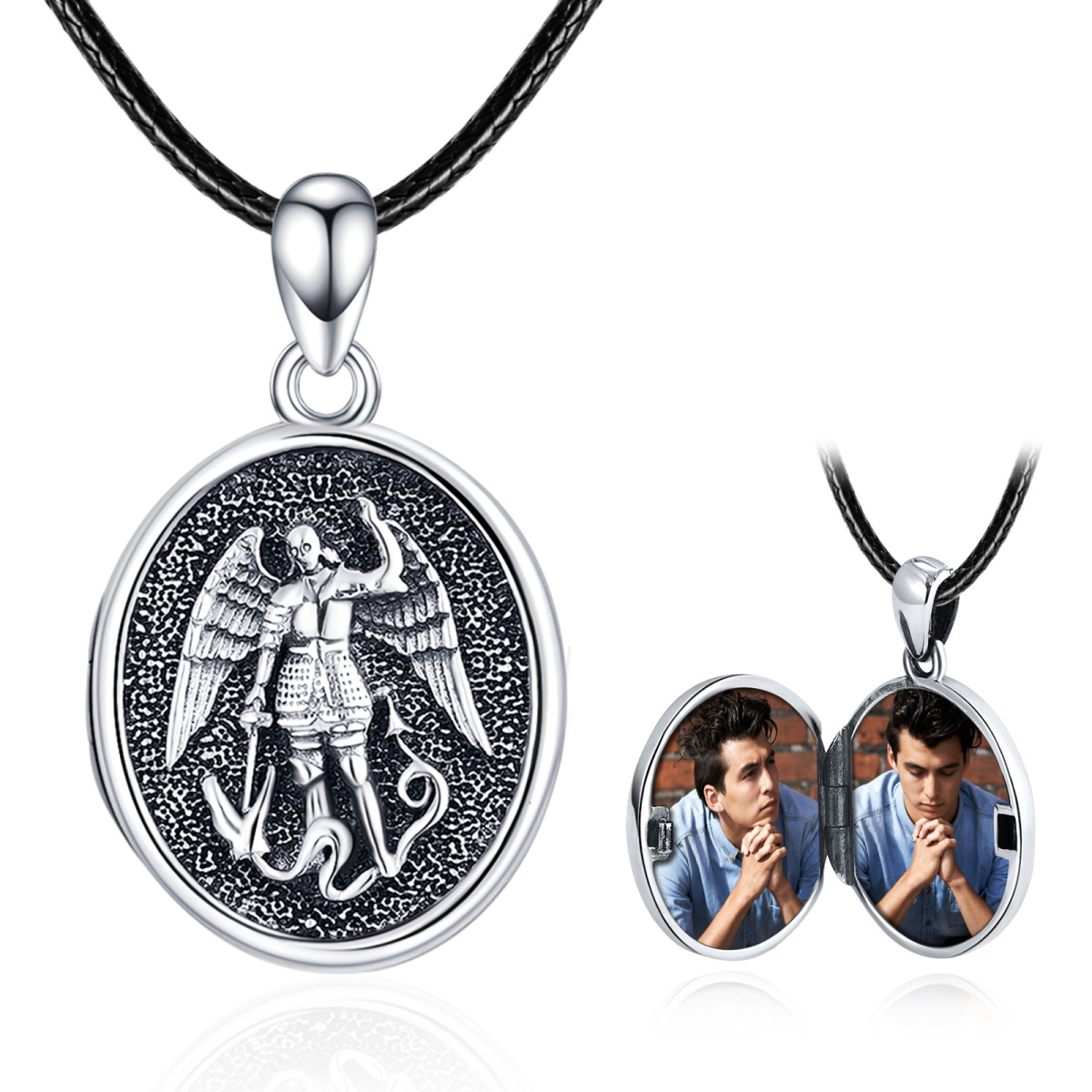 Sterling Silver Personalized Photo & Saint Michael Personalized Photo Locket Necklace with Engraved Word-1