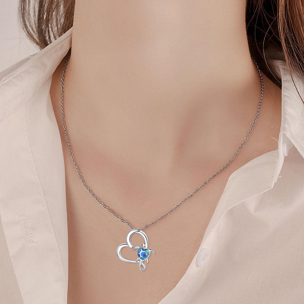 Sterling Silver Heart Shaped Opal Sea Turtle & Heart Pendant Necklace-5