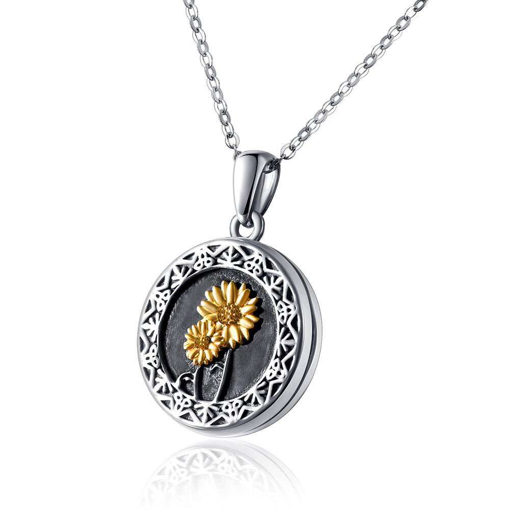 Sterling Silber Sonnenblume personalisierte Foto Medaillon Halskette-1