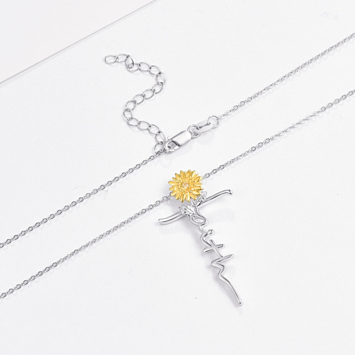 Sterling Silver Two-tone Circular Shaped Cubic Zirconia Sunflower & Cross Pendant Necklace with Engraved Word-3