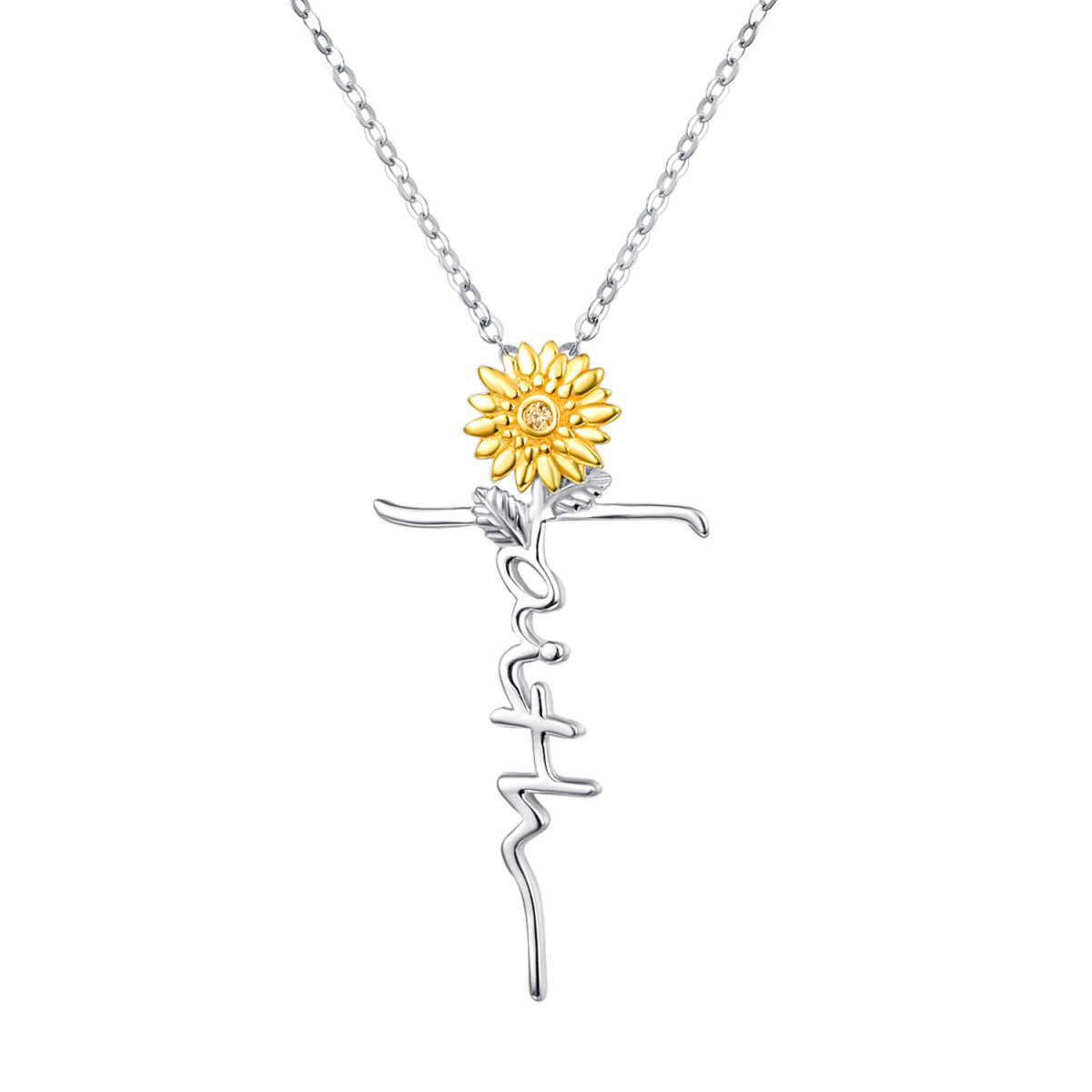 Sterling Silver Two-tone Circular Shaped Cubic Zirconia Sunflower & Cross Pendant Necklace with Engraved Word-1
