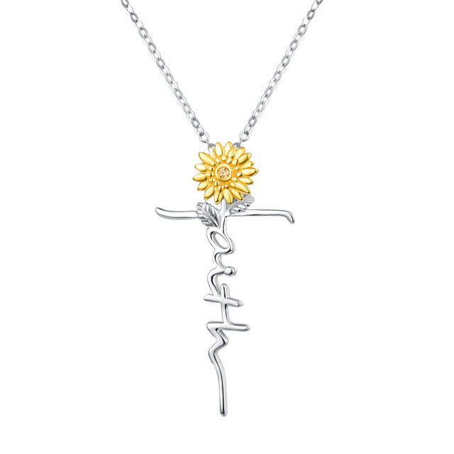 Sterling Silver Two-tone Circular Shaped Cubic Zirconia Sunflower & Cross Pendant Necklace with Engraved Word-0