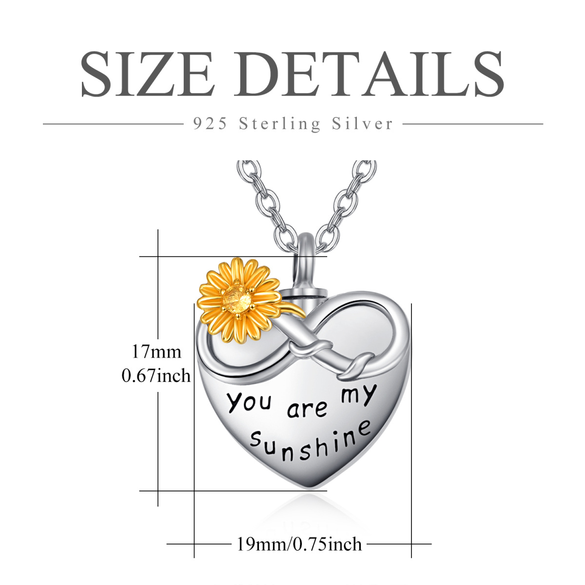 Sterling Silver Two-tone Circular Shaped Cubic Zirconia Sunflower & Heart & Infinity Symbol Pendant Necklace with Engraved Word-8
