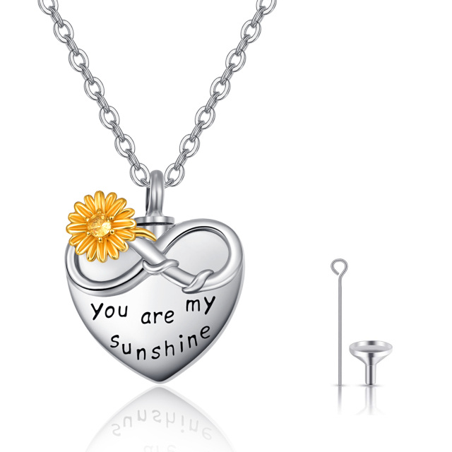 Sterling Silver Two-tone Circular Shaped Cubic Zirconia Sunflower & Heart & Infinity Symbol Pendant Necklace with Engraved Word-1