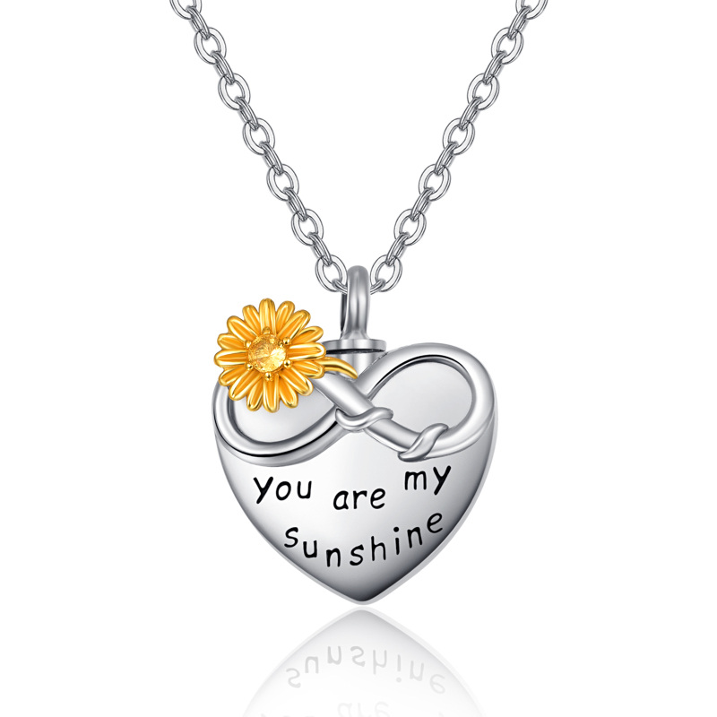 Sterling Silver Two-tone Circular Shaped Cubic Zirconia Sunflower & Heart & Infinity Symbol Pendant Necklace with Engraved Word
