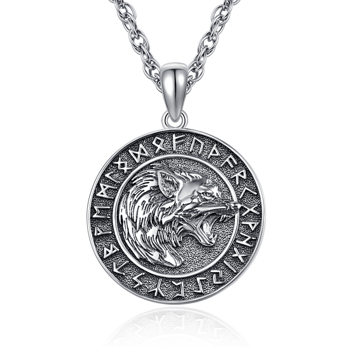 Sterling Silver Wolf & Viking Rune Pendant Necklace for Men-1