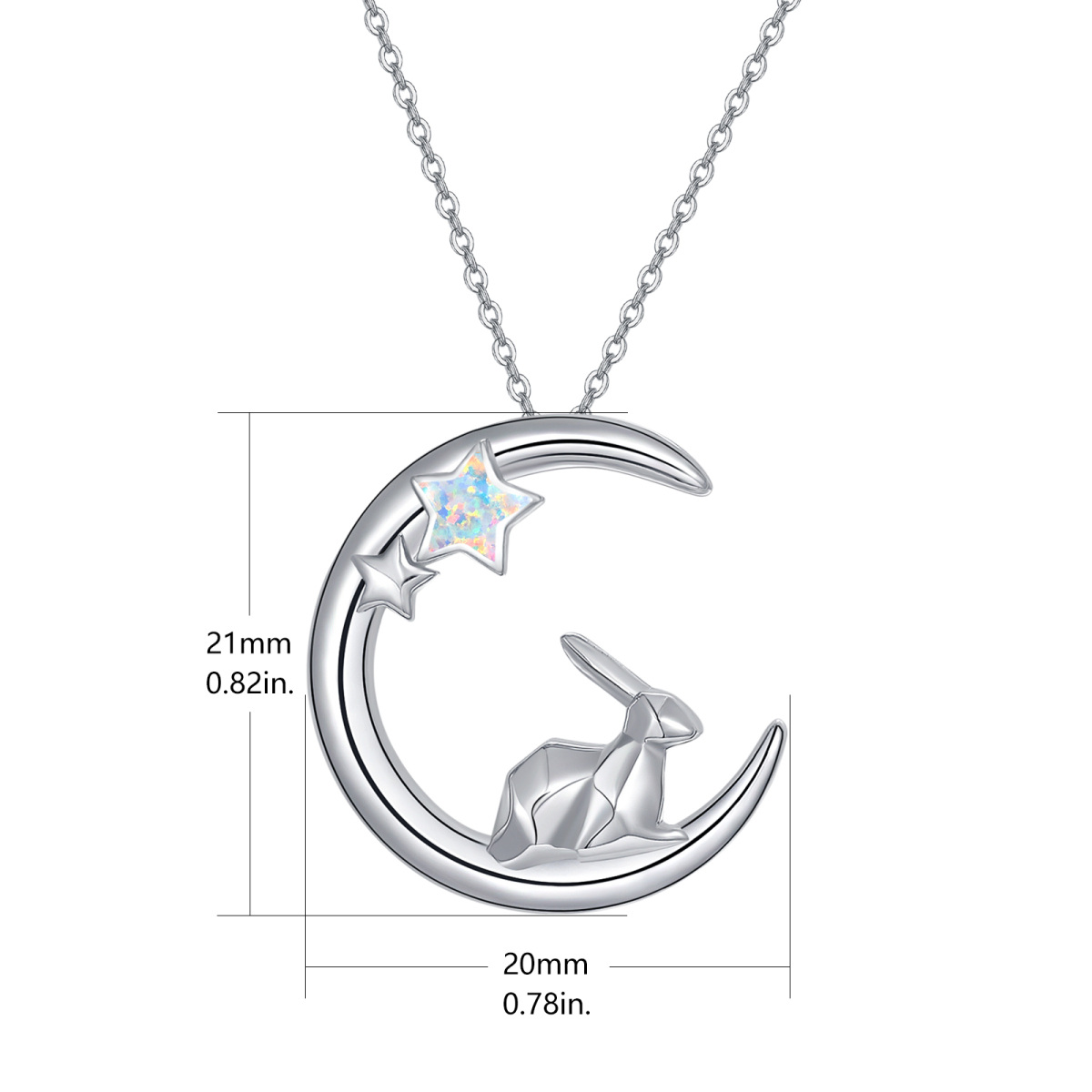 Sterling Silver Five-Pointed Star Shaped Opal Rabbit & Moon & Star Pendant Necklace-5