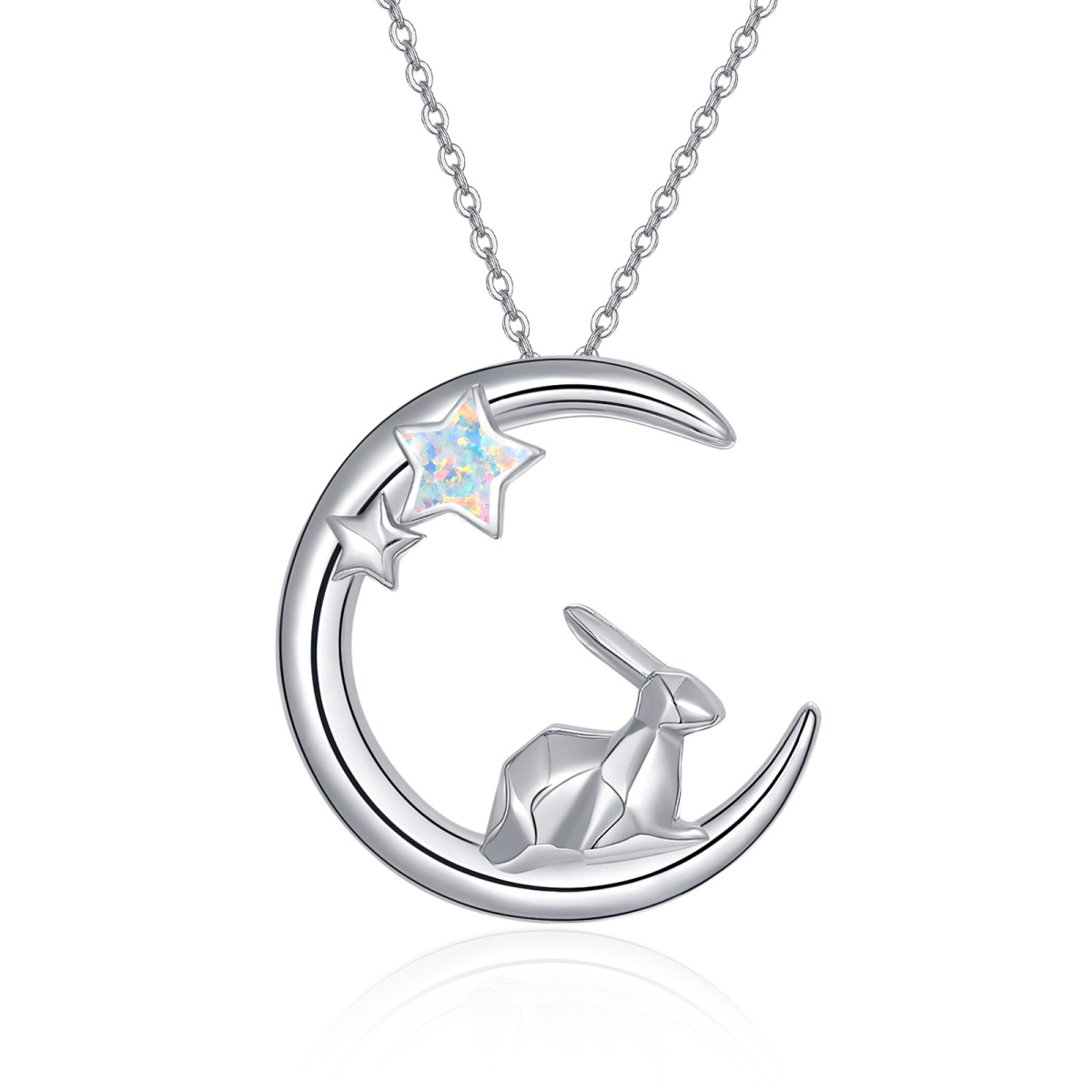 Collier en argent sterling avec pendentif lapin opale, lune et étoile en forme d'étoile à-1