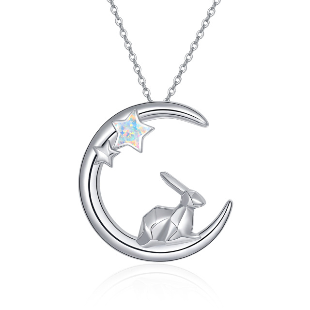 Collier en argent sterling avec pendentif lapin opale, lune et étoile en forme d'étoile à-0
