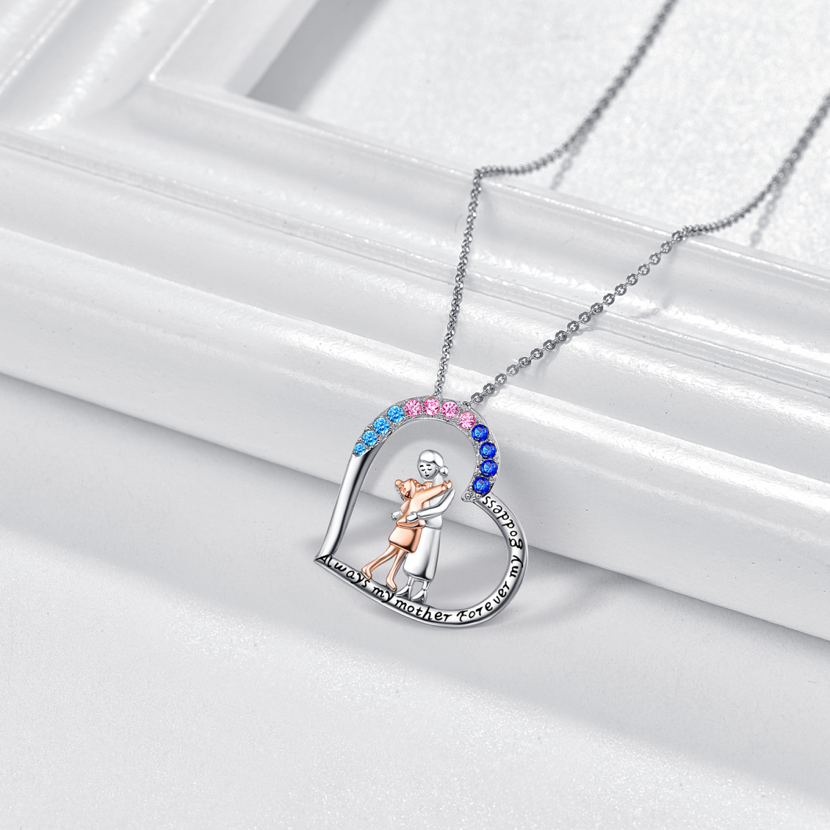 Sterling Silver Two-tone Circular Shaped Cubic Zirconia Mother & Daughter & Heart Pendant Necklace with Engraved Word-4