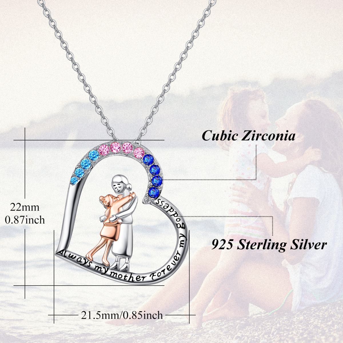 Sterling Silver Two-tone Circular Shaped Cubic Zirconia Mother & Daughter & Heart Pendant Necklace with Engraved Word-5