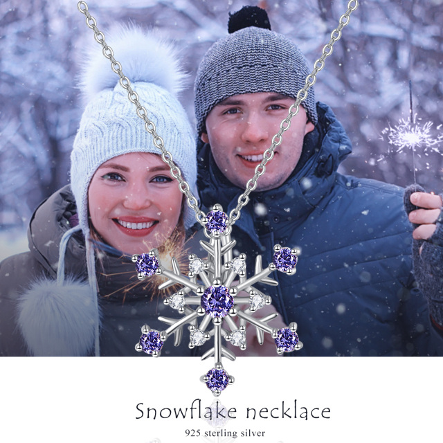 Sterling Silver Circular Shaped Zircon Snowflake Pendant Necklace-4