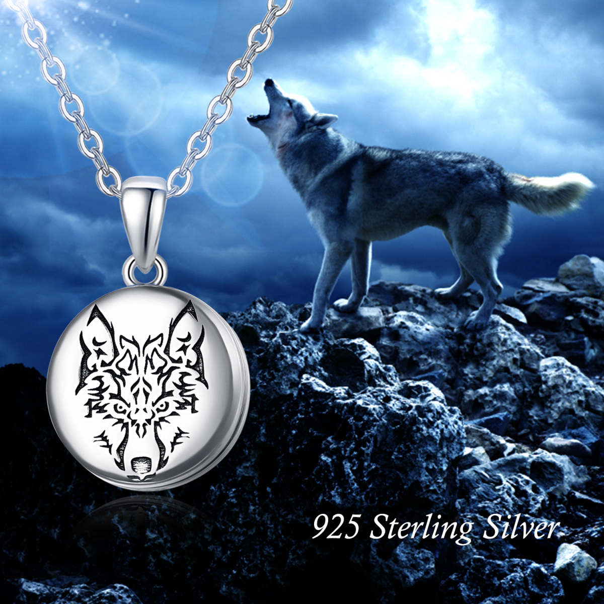 Sterling Silver Wolf Personalized Photo Locket Necklace-5