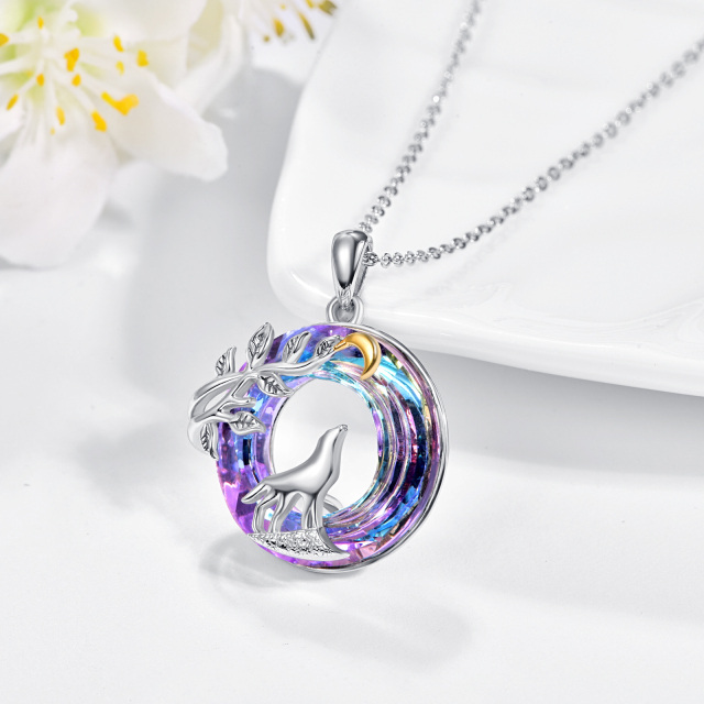 Sterling Silver Two-tone Circular Shaped Wolf & Moon Crystal Pendant Necklace-3
