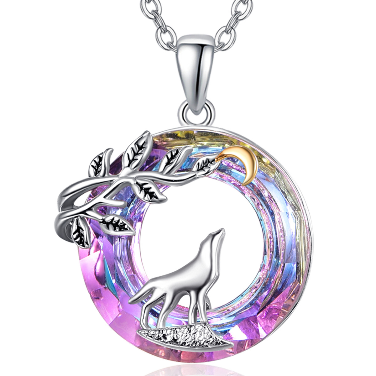 Sterling Silver Two-tone Circular Shaped Wolf & Moon Crystal Pendant Necklace-1