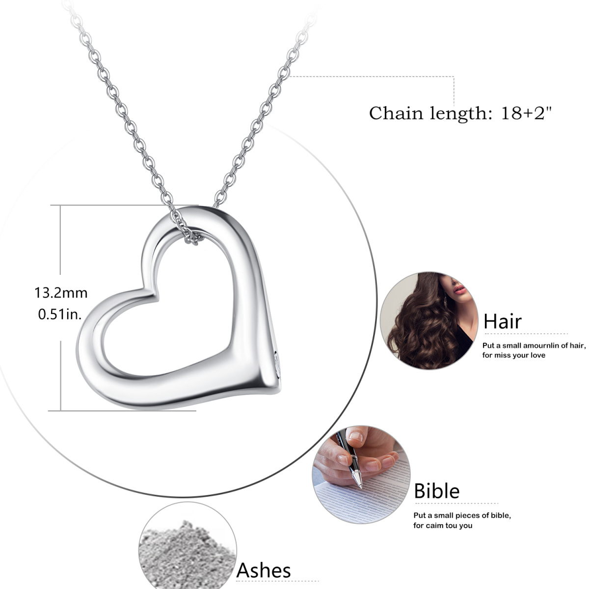 Sterling Silver Heart Urn Necklace for Ashes with Cable Chain-6