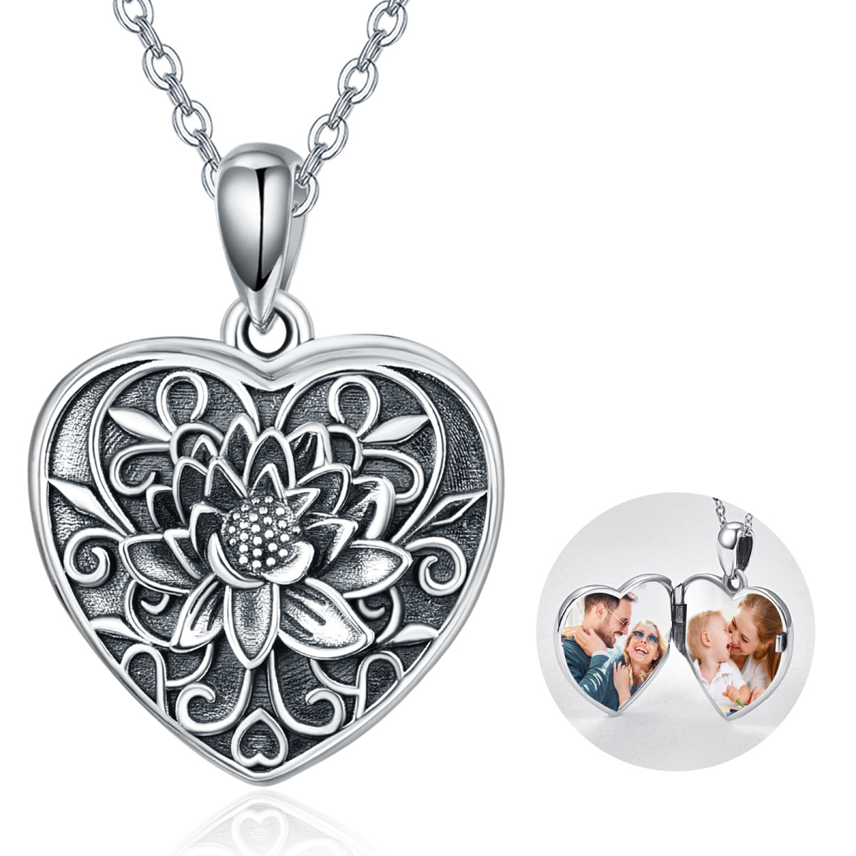 Sterling Silver Lotus & Heart Personalized Photo Locket Necklace-1