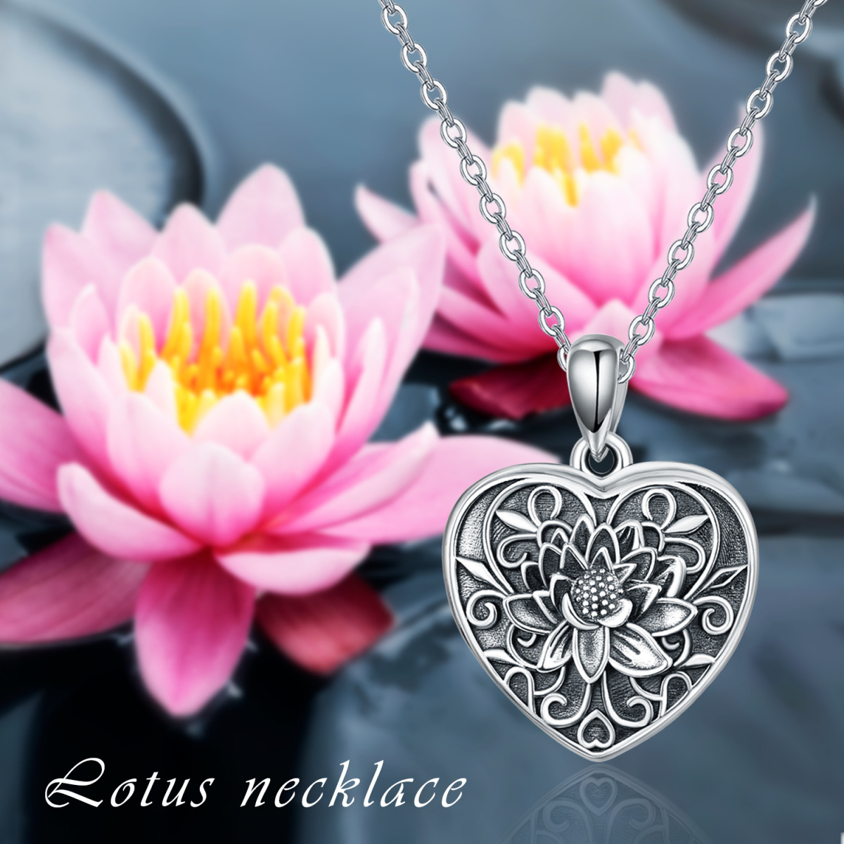 Sterling Silber Lotus & Herz personalisierte Foto Medaillon Halskette-6