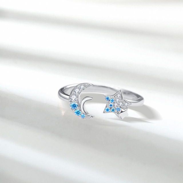 Bague ouverte en argent sterling avec lune et étoile en zircon cubique-5