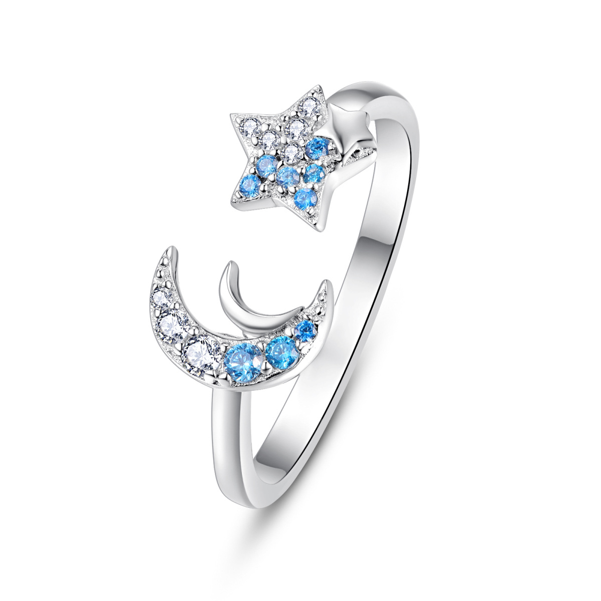 Sterling Silver Cubic Zirconia Moon & Star Open Ring-1