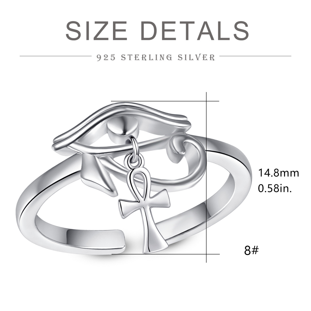 Sterling Silver Ankh & Eye Of Horus Open Ring-4