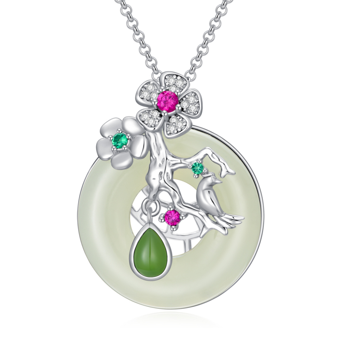 Sterling Silver Jade Round Pendant Necklace-1